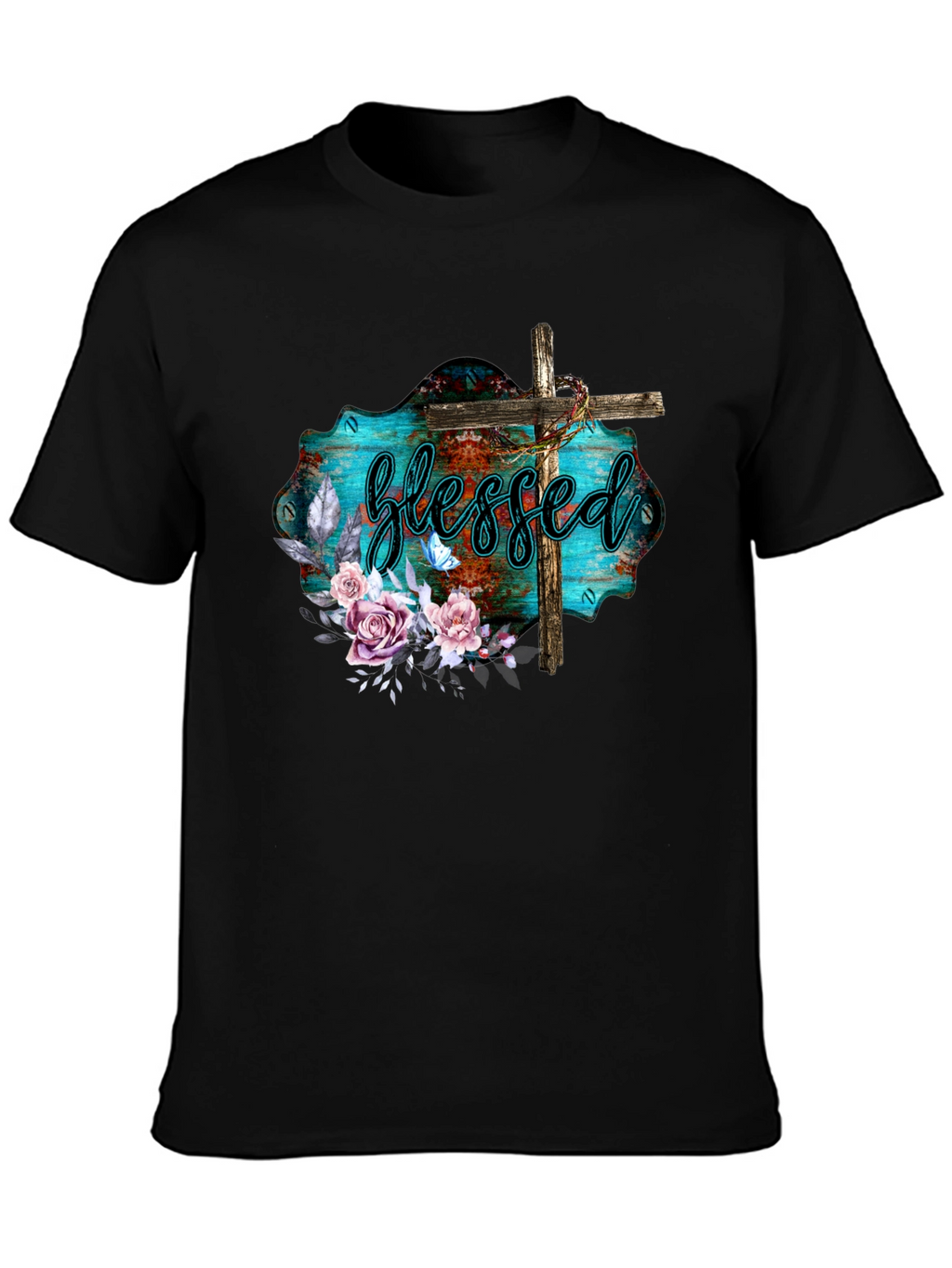 Blessed Christian T-Shirt with Floral Cross Design