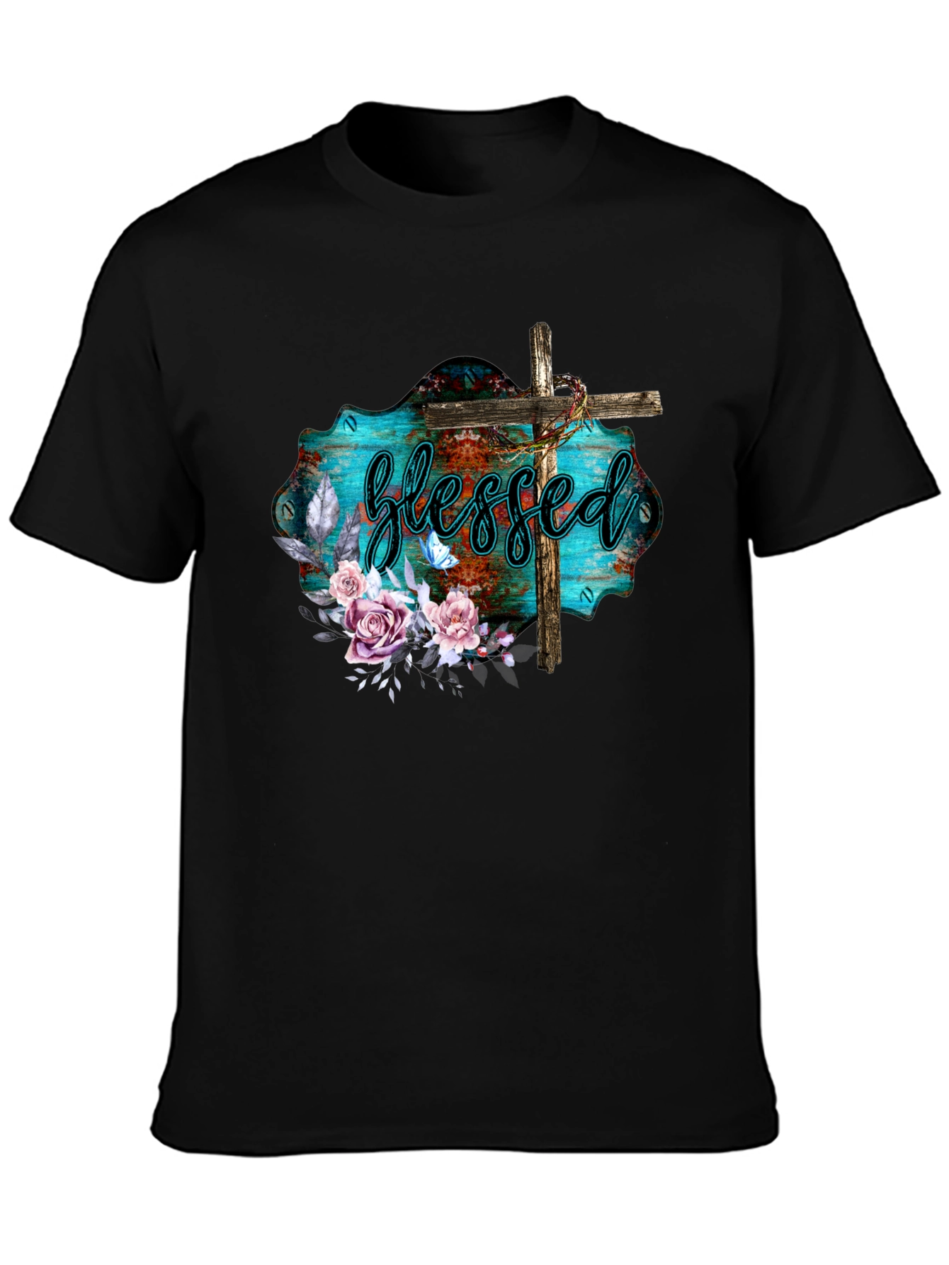 Blessed Christian T-Shirt with Floral Cross Design