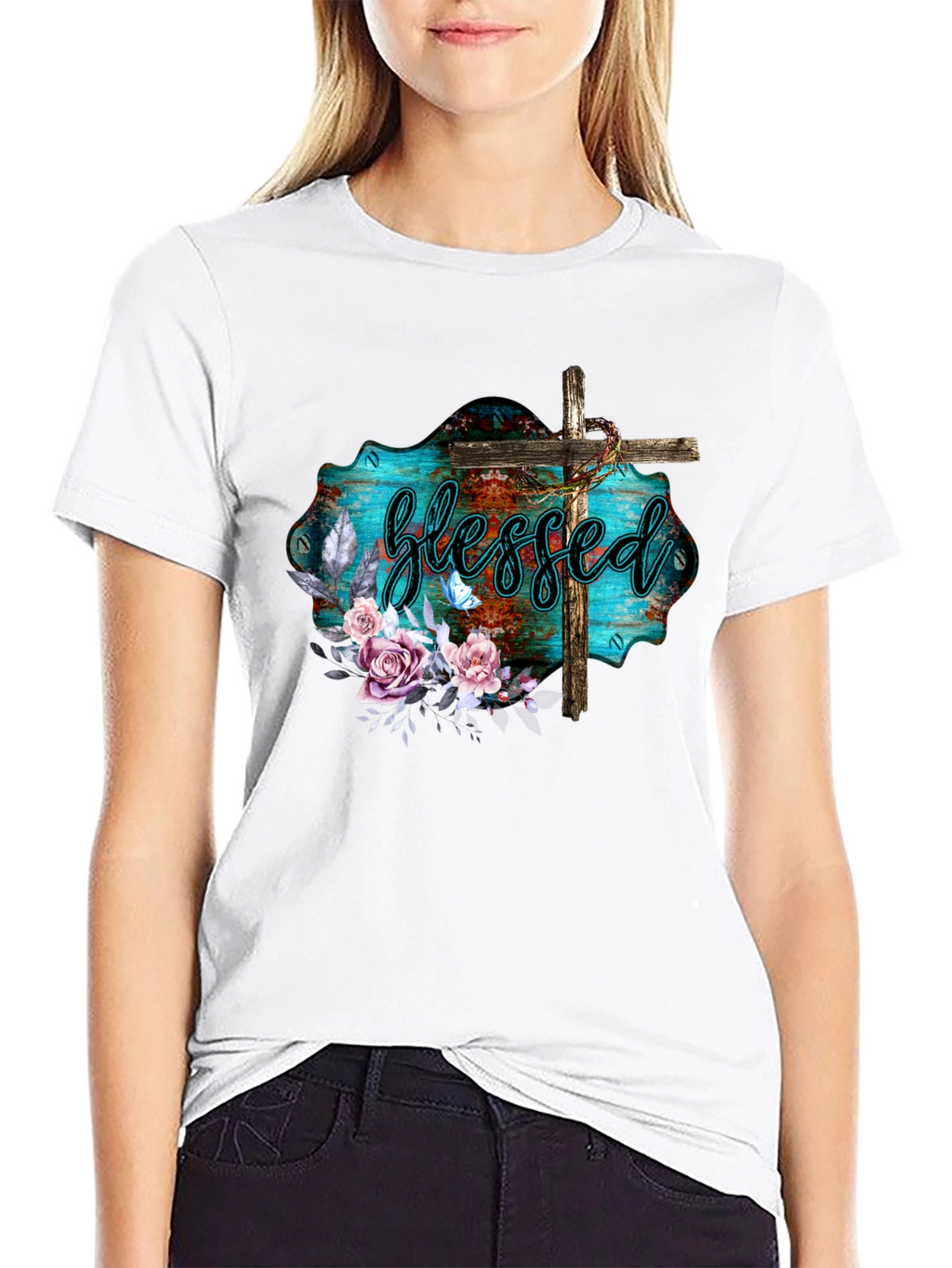 Blessed Christian T-Shirt with Floral Cross Design