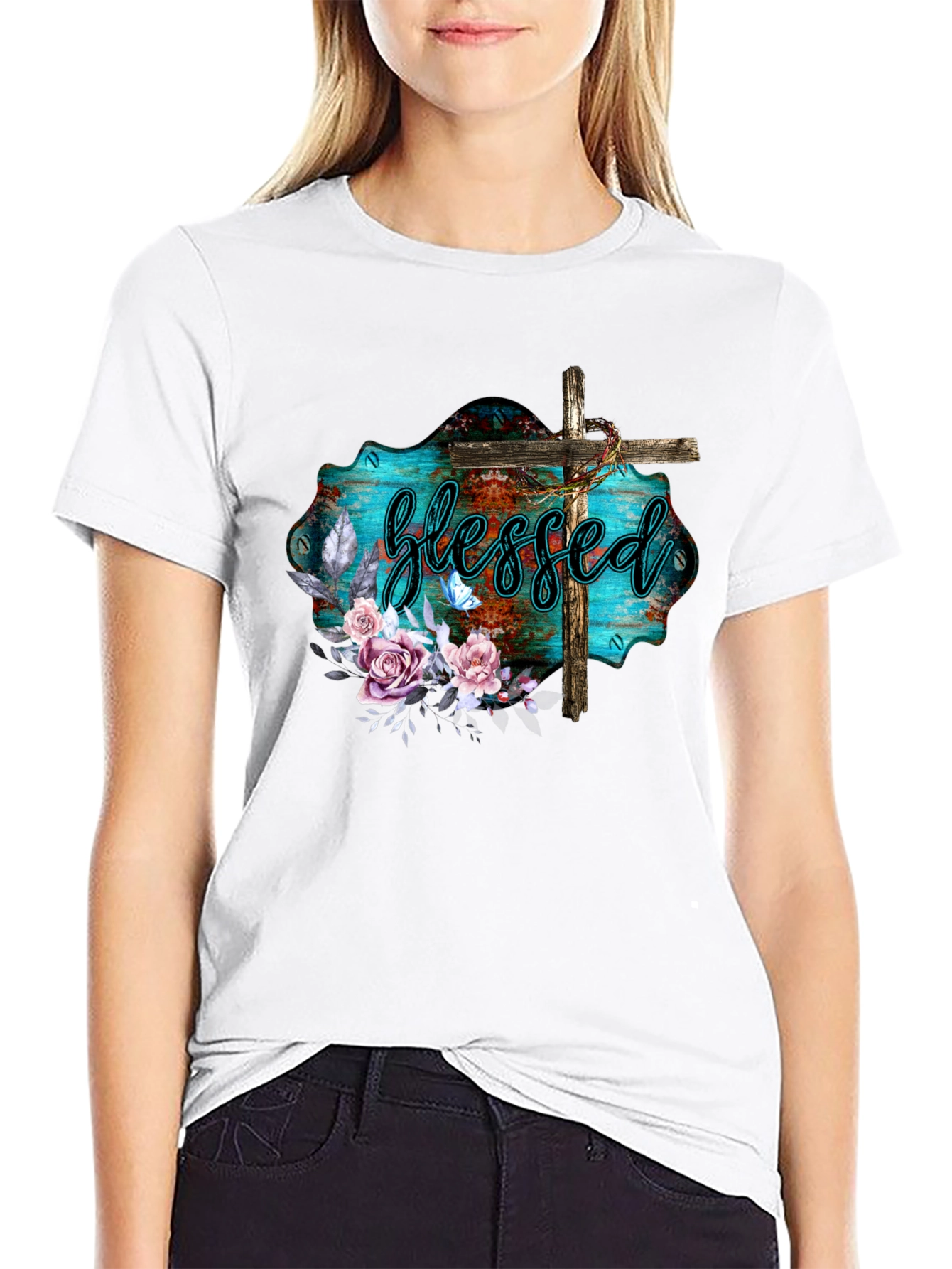 Blessed Christian T-Shirt with Floral Cross Design