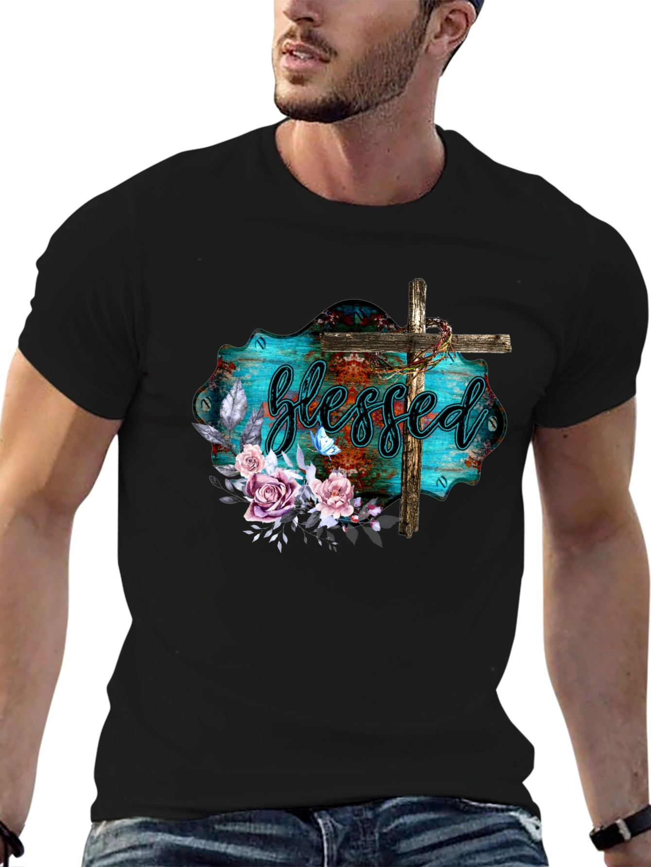 Blessed Christian T-Shirt with Floral Cross Design
