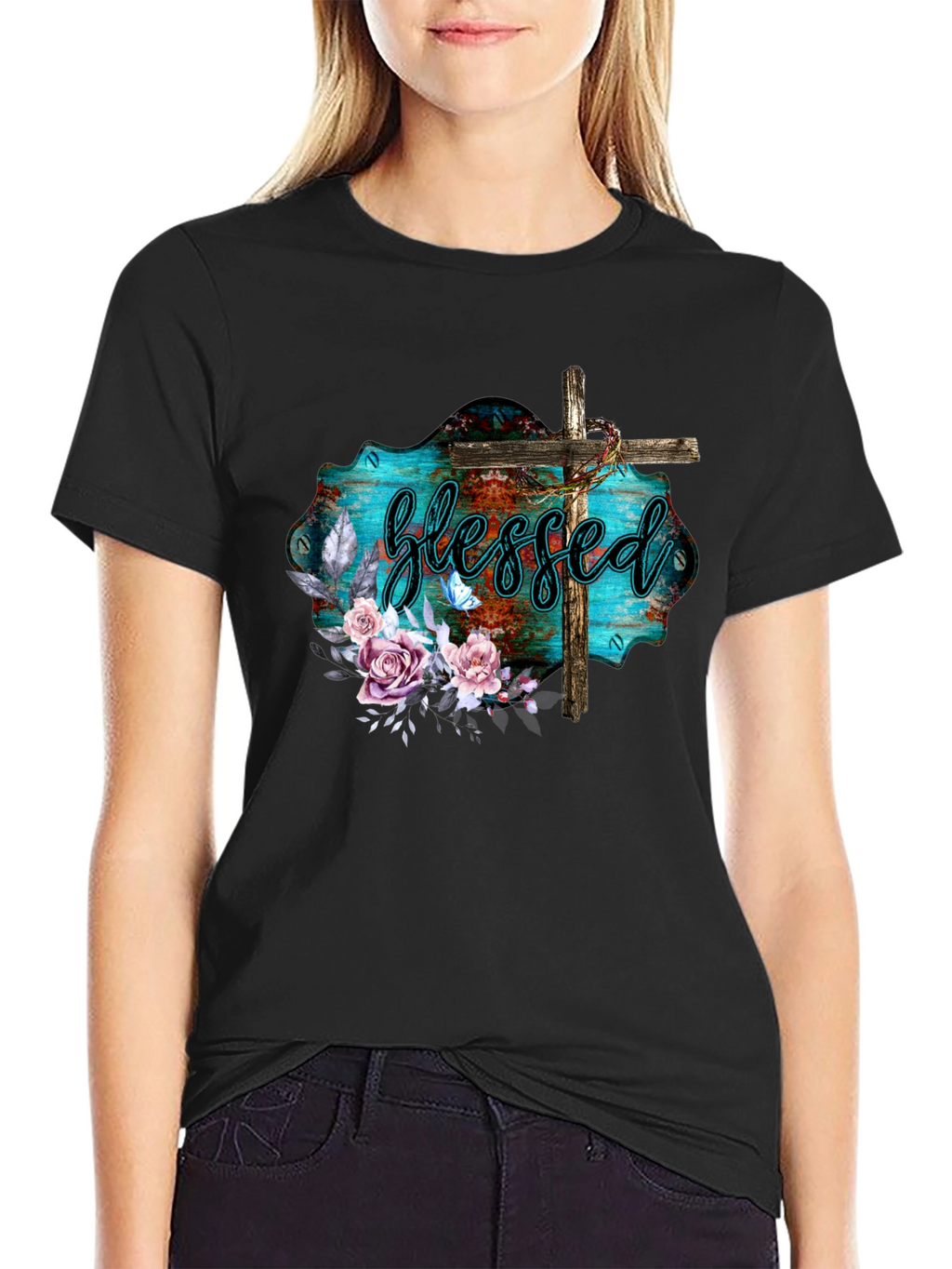 Blessed Christian T-Shirt with Floral Cross Design