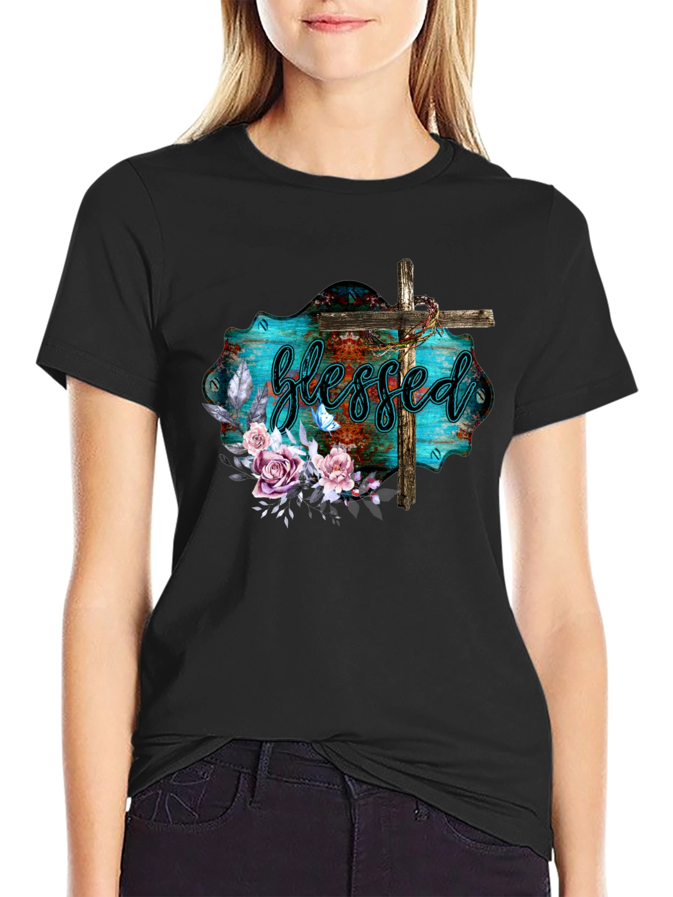 Blessed Christian T-Shirt with Floral Cross Design