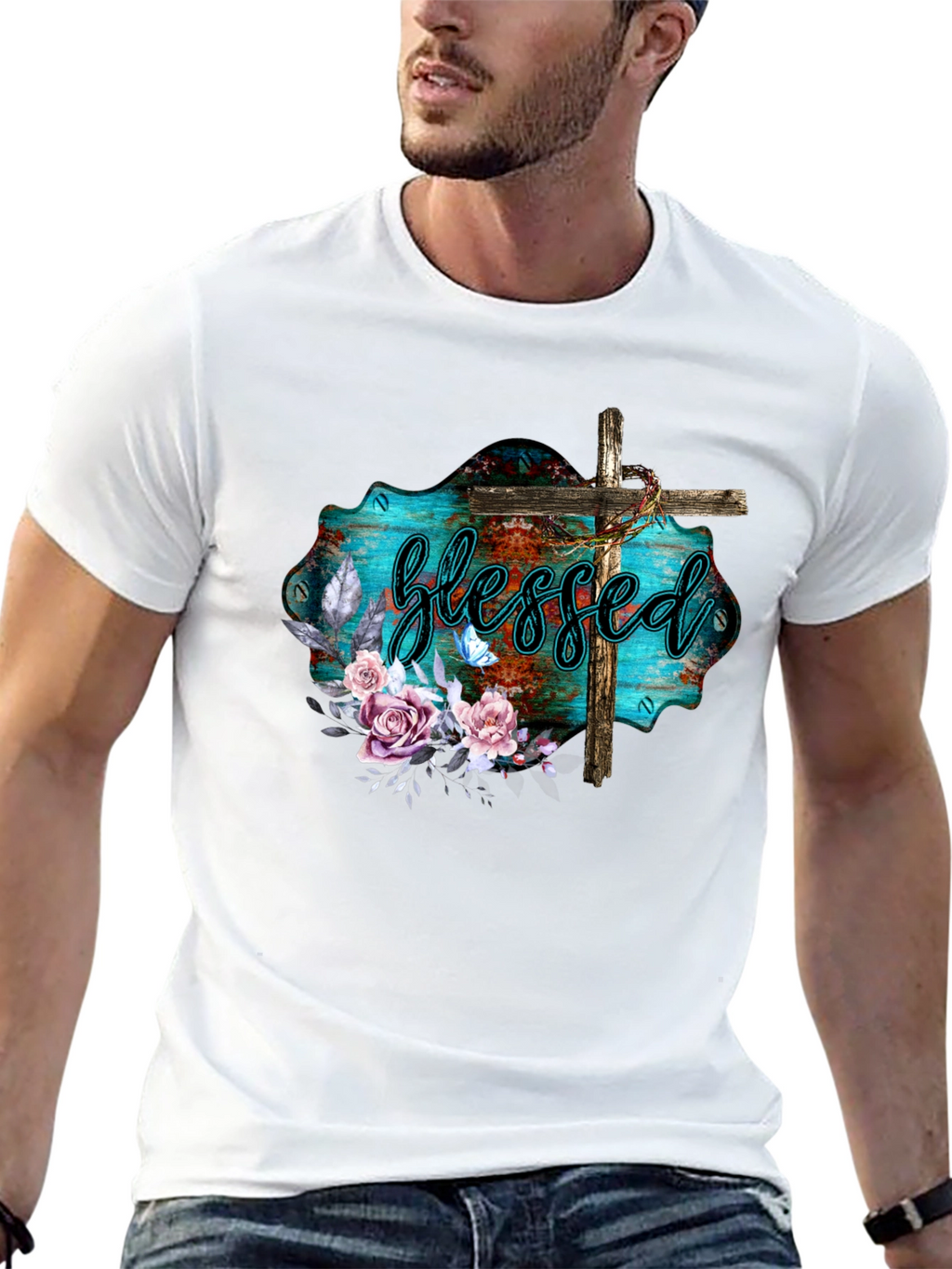 Blessed Christian T-Shirt with Floral Cross Design