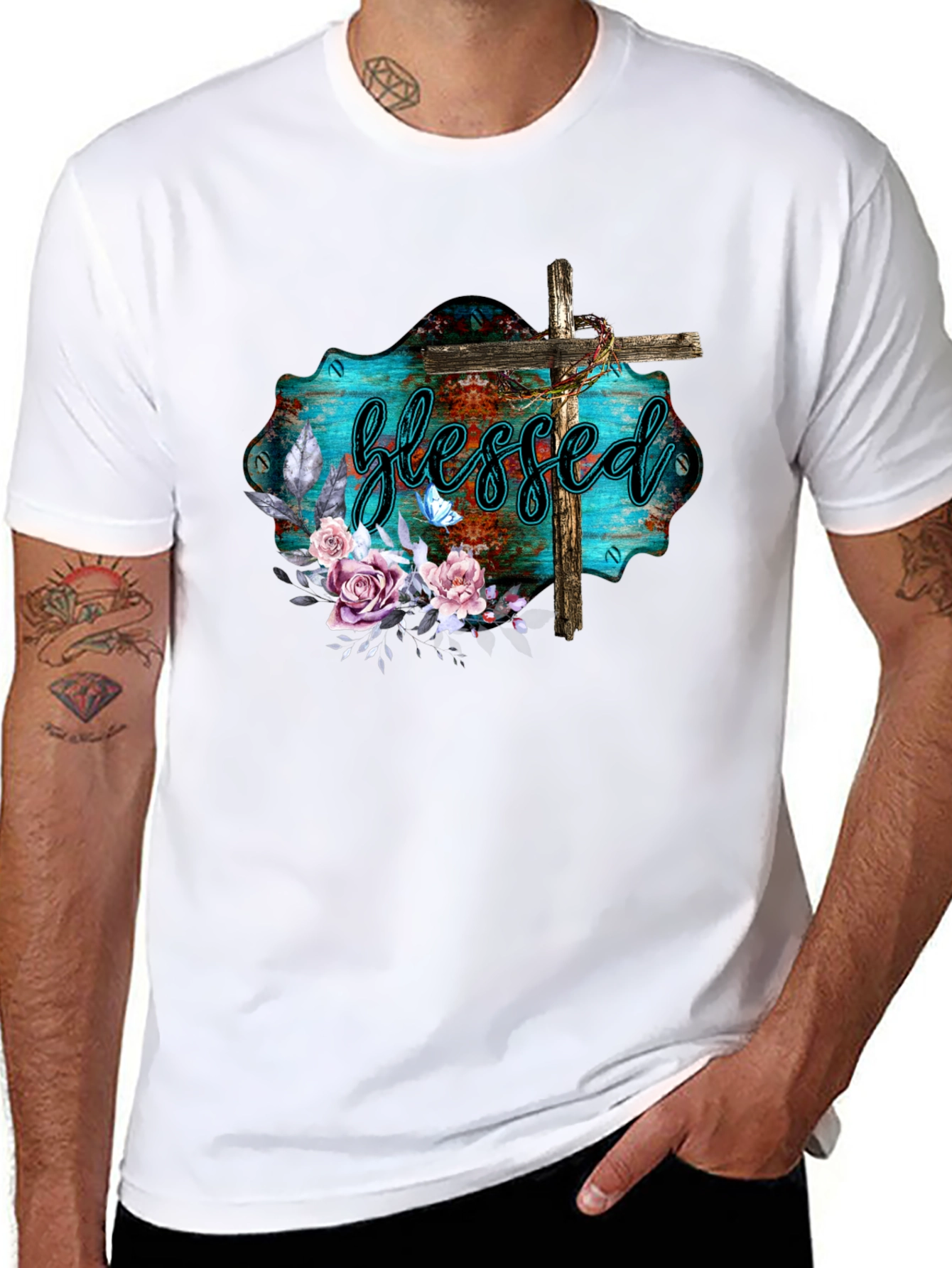 Blessed Christian T-Shirt with Floral Cross Design