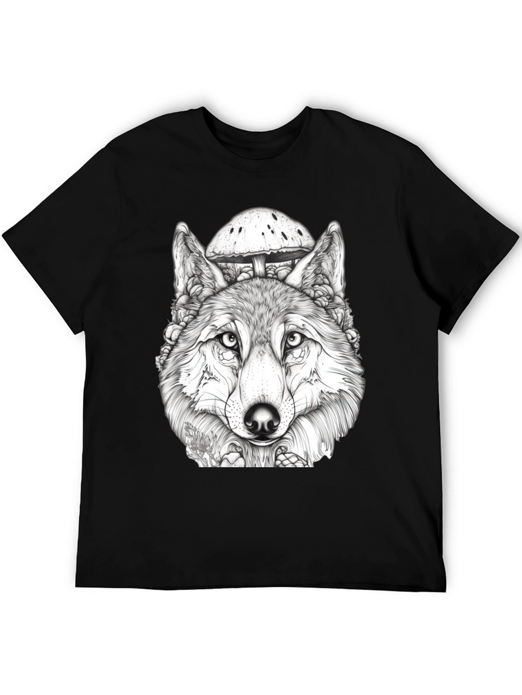 Wolf & Mushroom Graphic Tee - Unisex Black T-Shirt