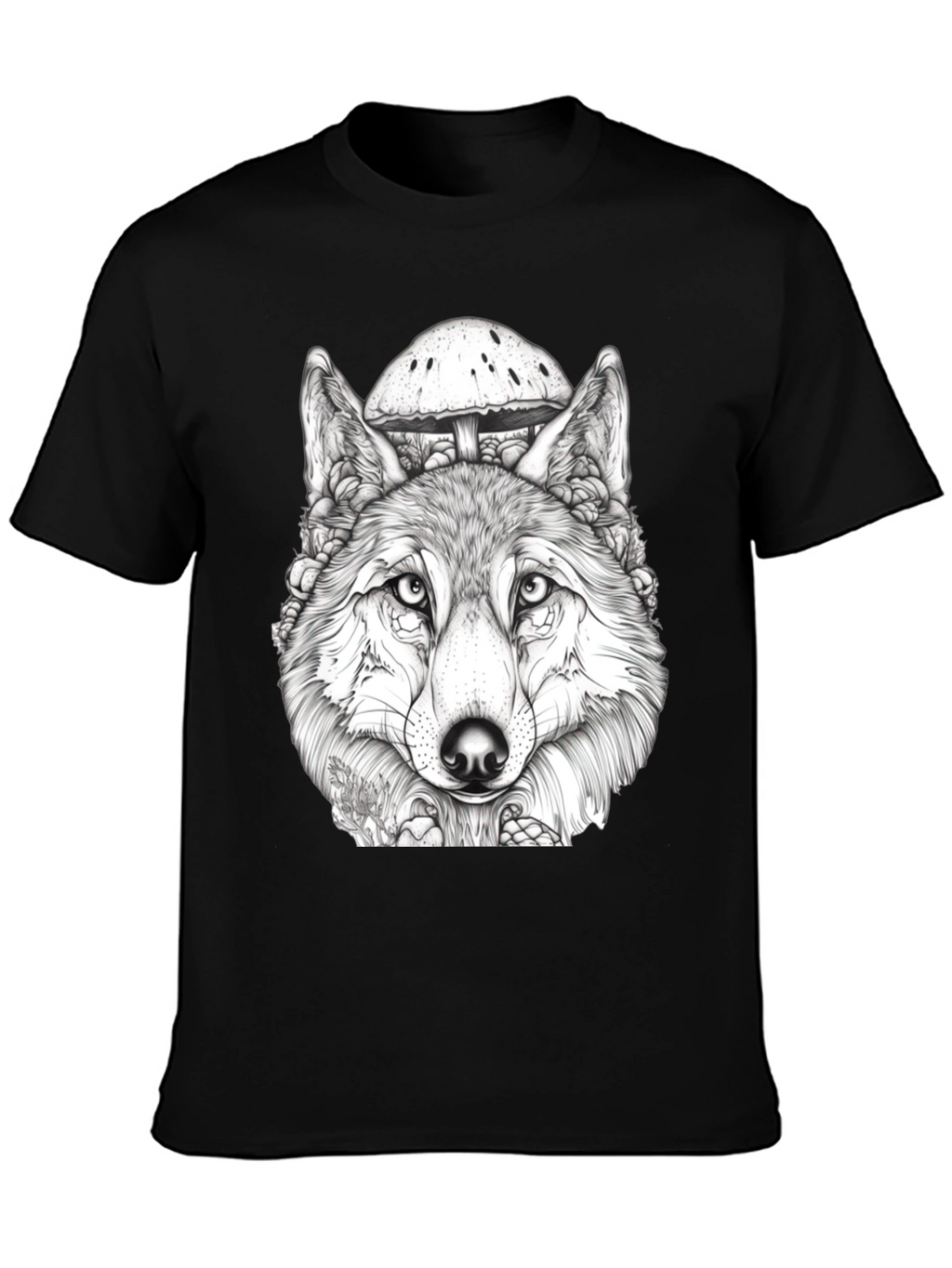 Wolf & Mushroom Graphic Tee - Unisex Black T-Shirt