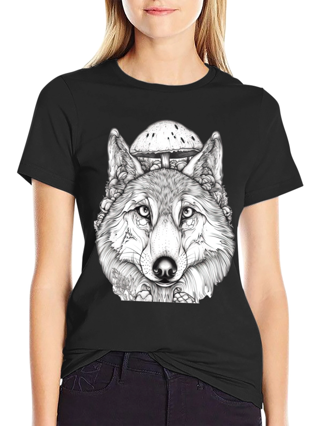 Wolf & Mushroom Graphic Tee - Unisex Black T-Shirt