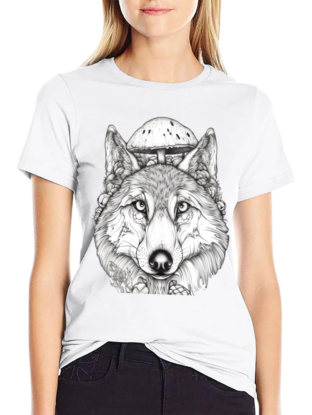 Wolf & Mushroom Graphic Tee - Unisex Black T-Shirt