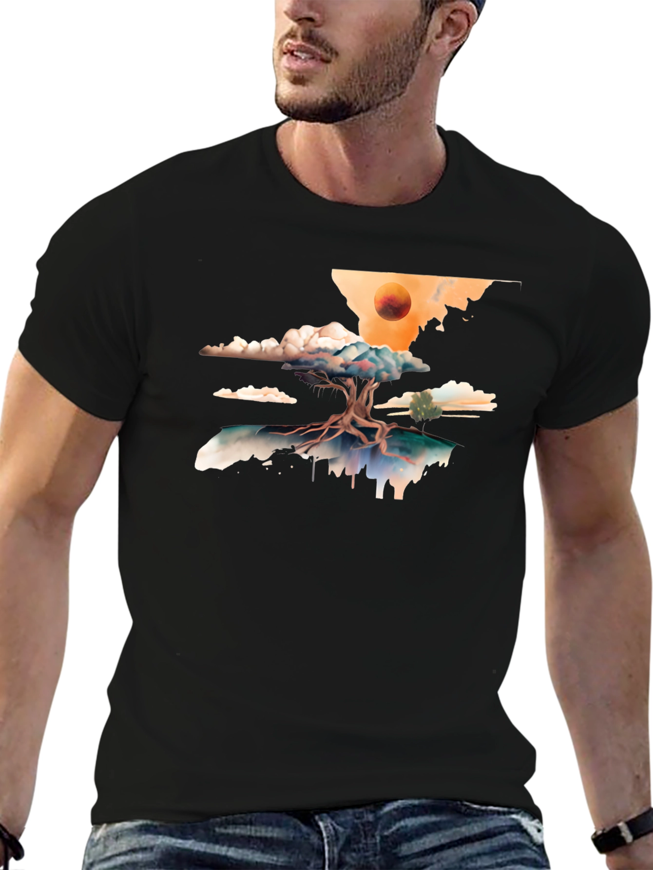 Surreal Tree Graphic Tee - Black Cotton Comfort
