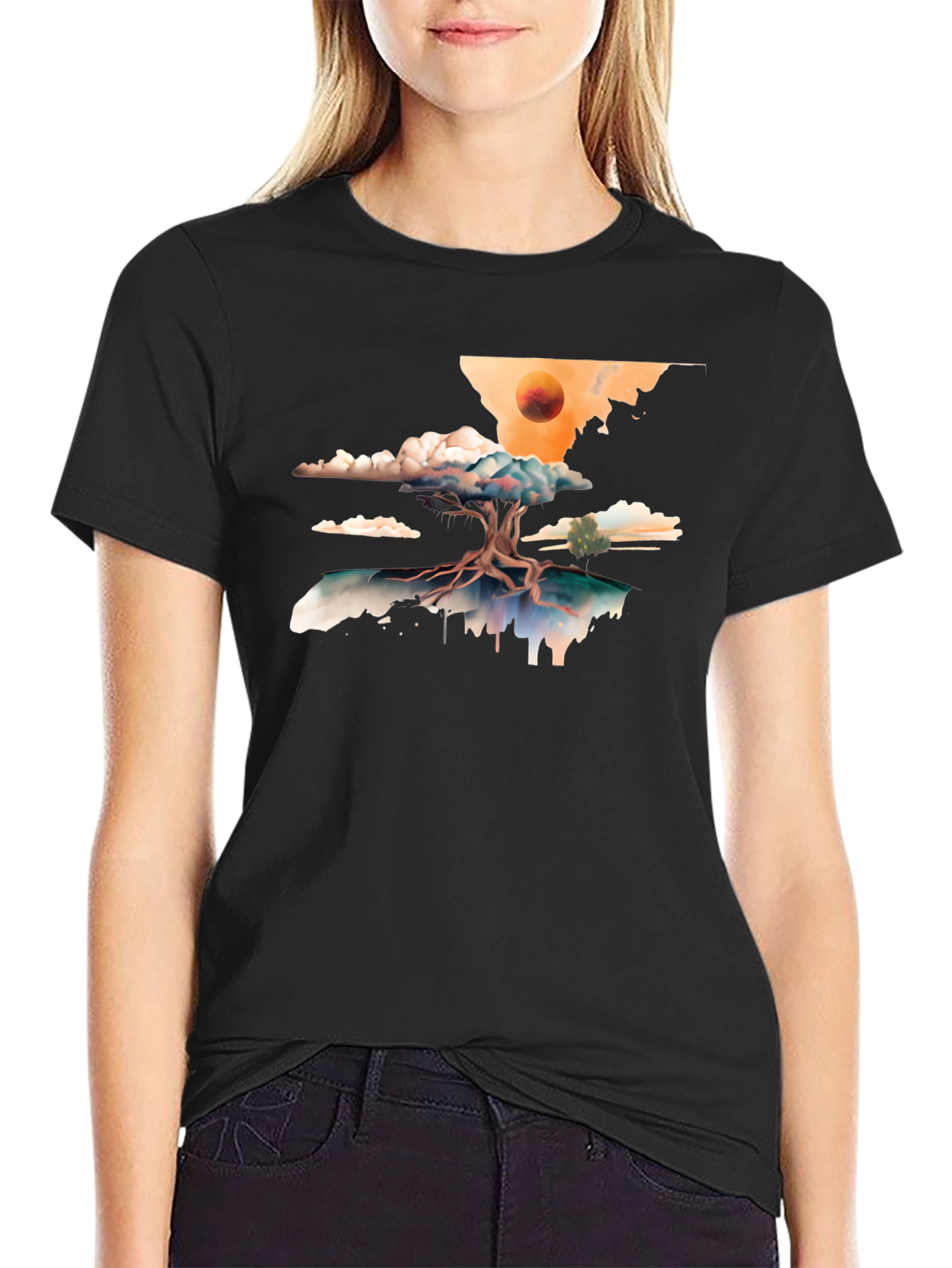 Surreal Tree Graphic Tee - Black Cotton Comfort