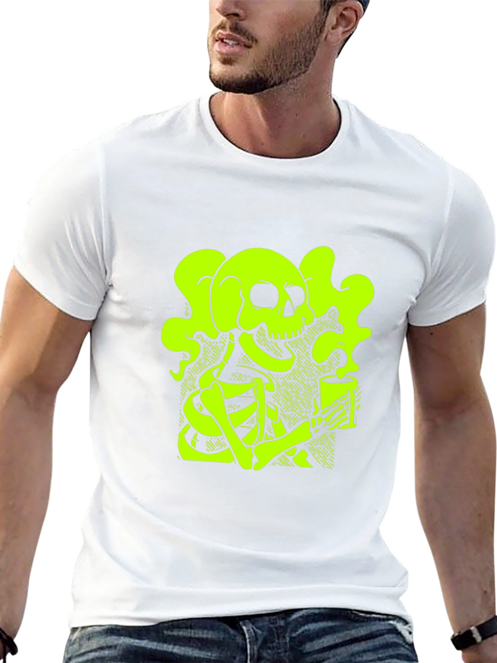 Skull & Coffee T-Shirt - Neon Green Graphic Tee