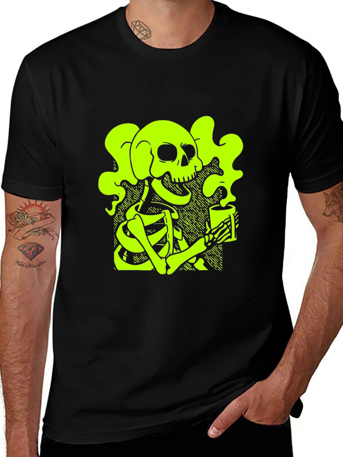 Skull & Coffee T-Shirt - Neon Green Graphic Tee