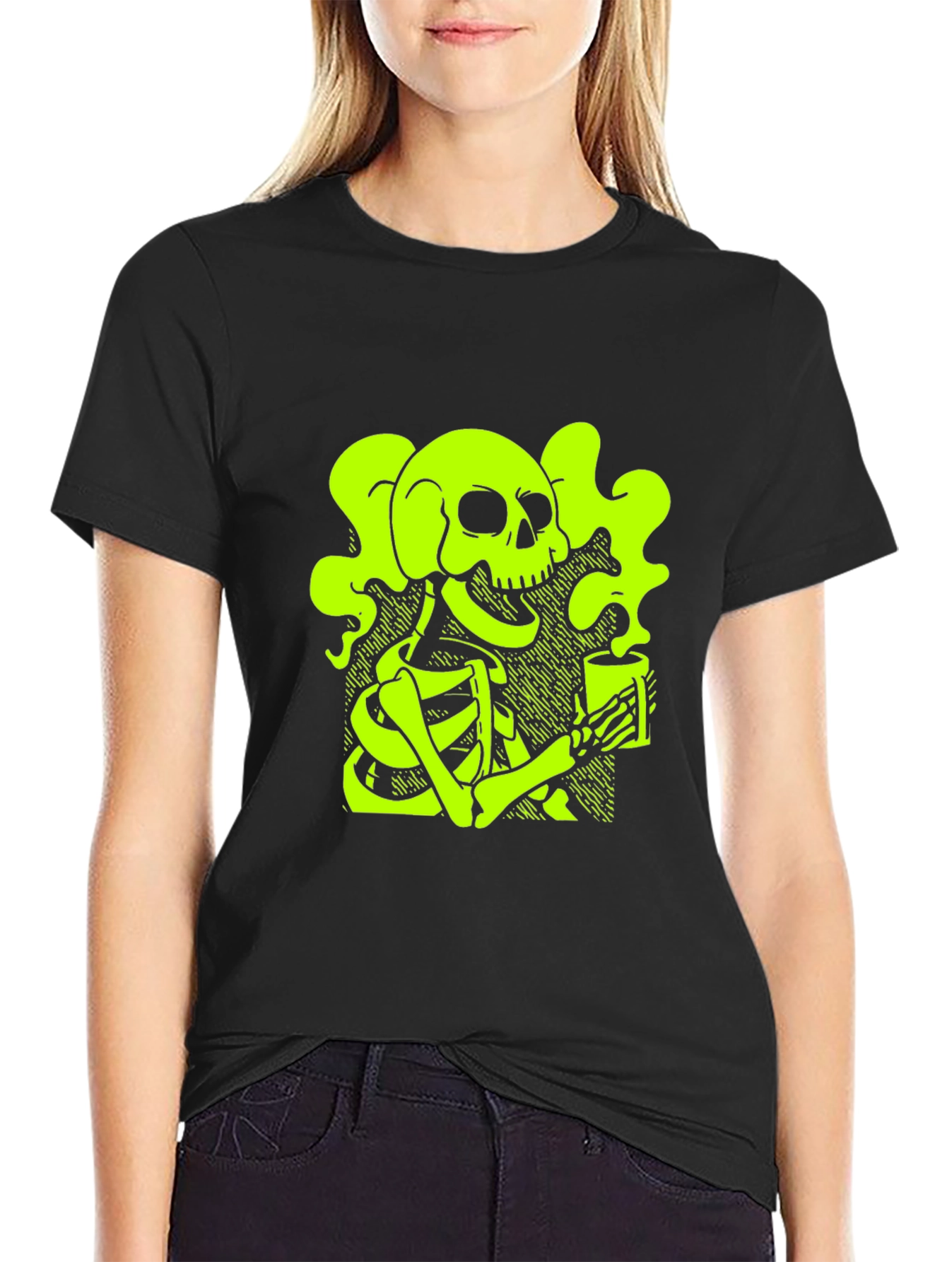 Skull & Coffee T-Shirt - Neon Green Graphic Tee
