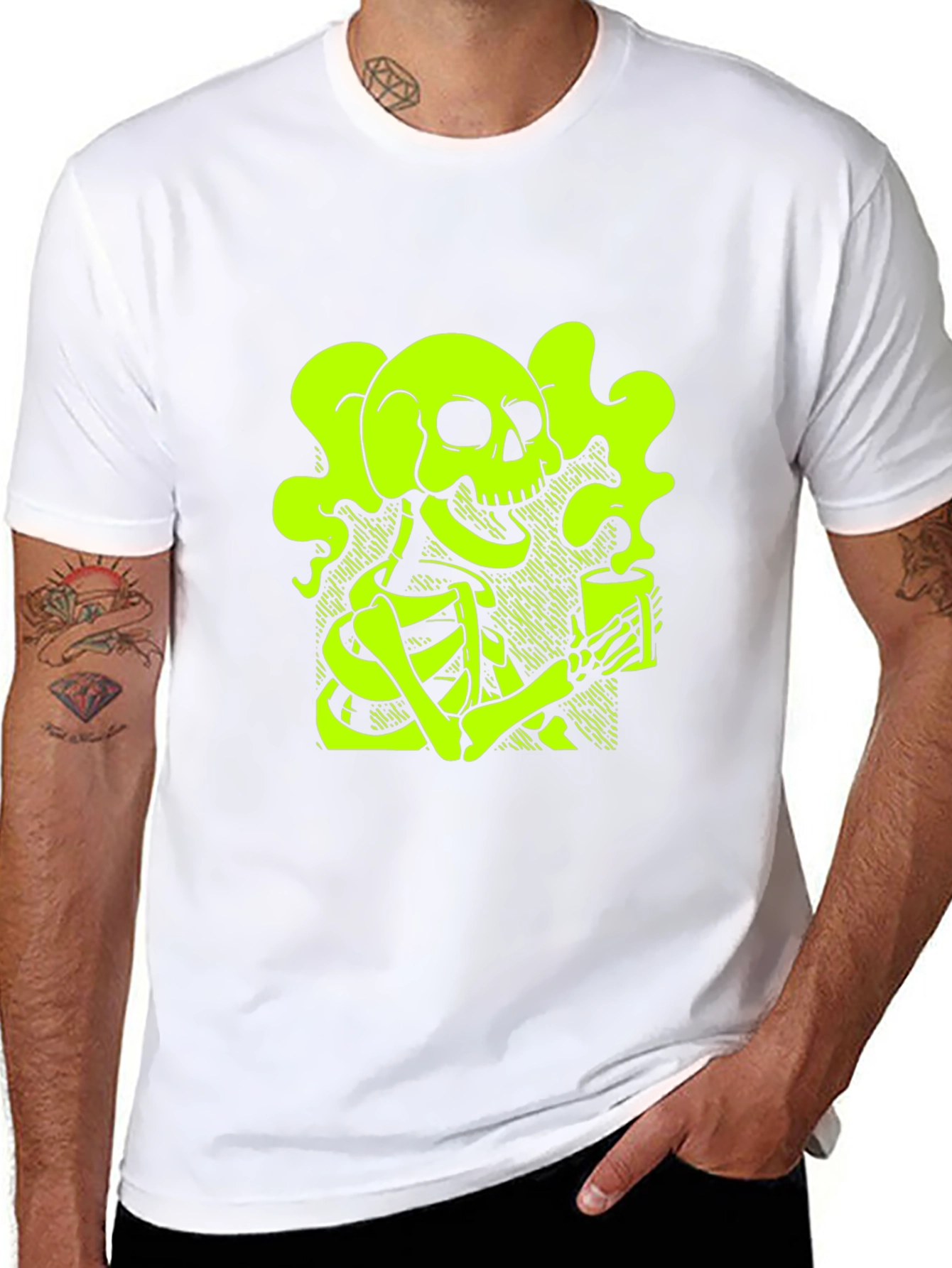 Skull & Coffee T-Shirt - Neon Green Graphic Tee