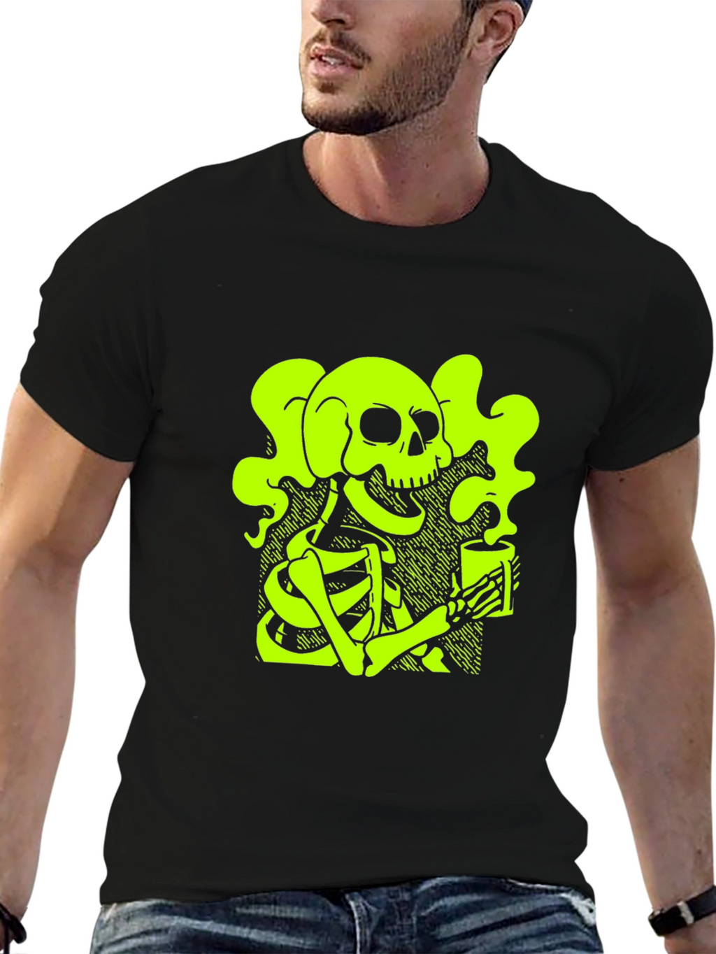 Skull & Coffee T-Shirt - Neon Green Graphic Tee