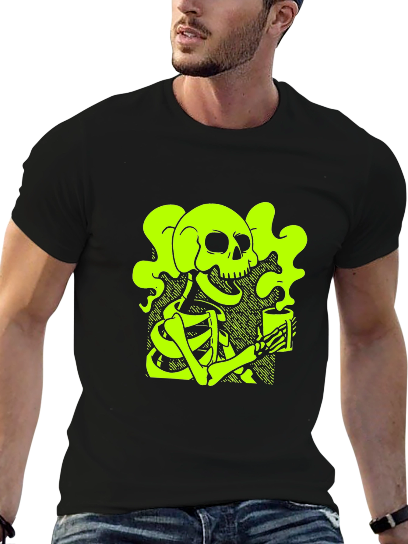 Skull & Coffee T-Shirt - Neon Green Graphic Tee