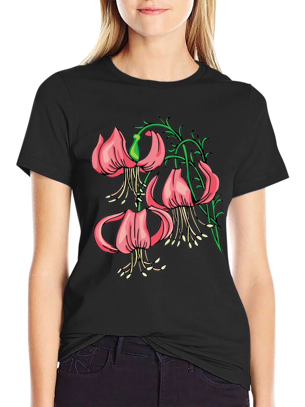 Floral Lily Graphic Black T-Shirt