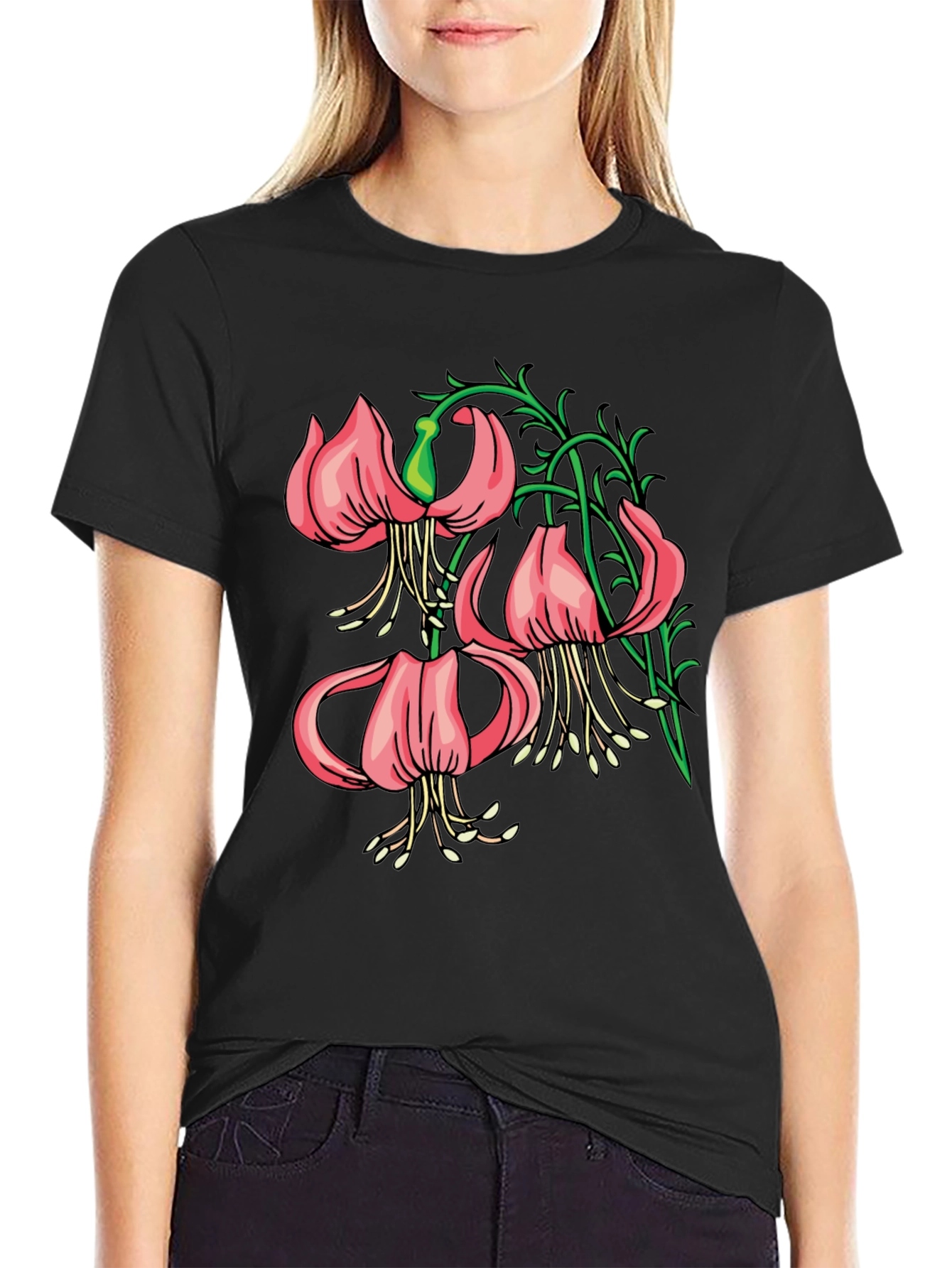 Floral Lily Graphic Black T-Shirt