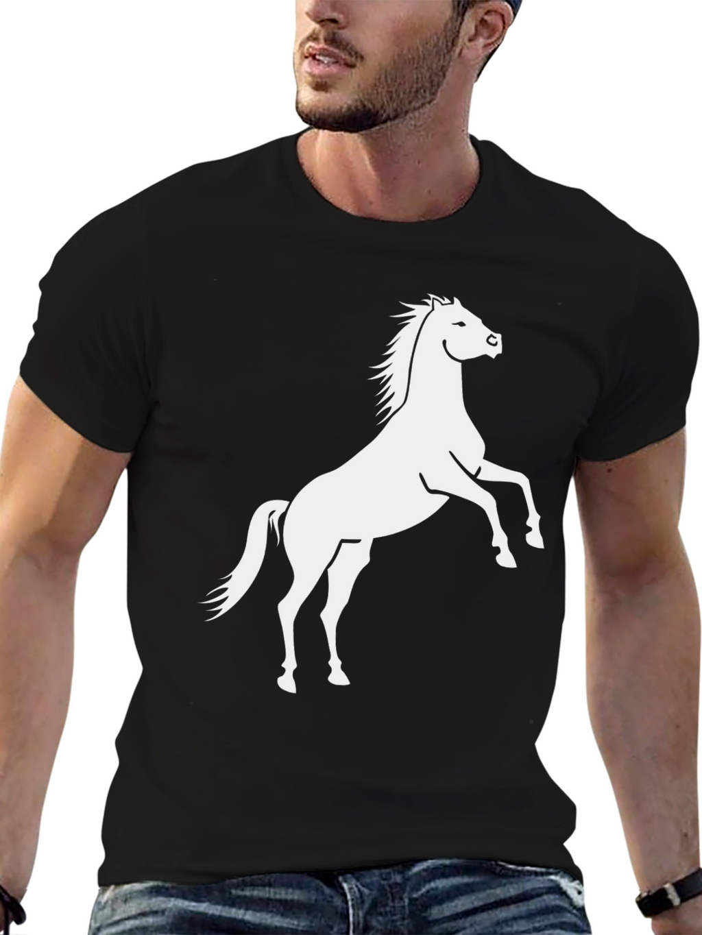 Black T-Shirt with White Horse Graphic
