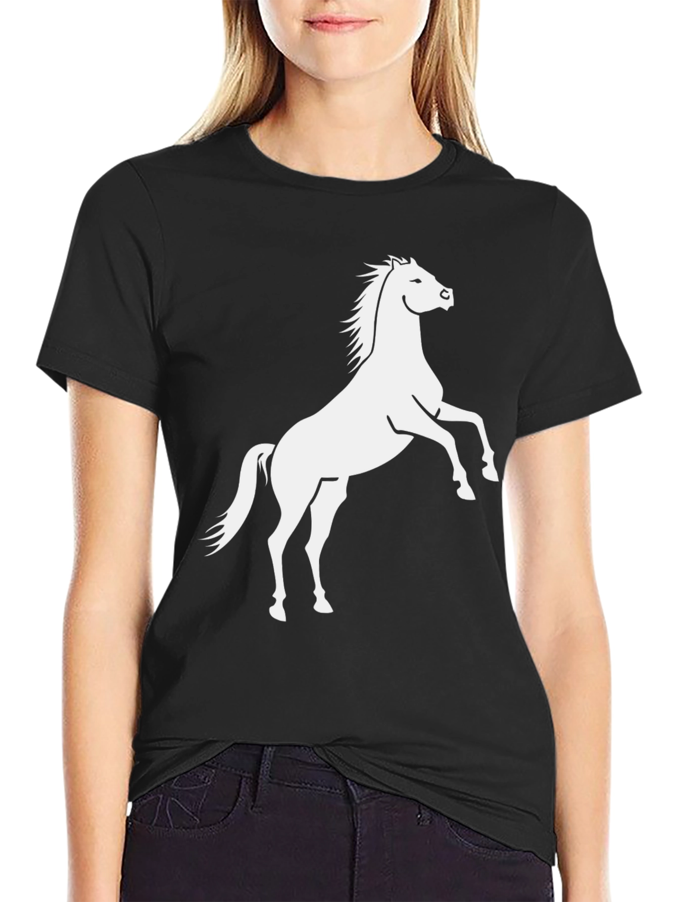 Black T-Shirt with White Horse Graphic