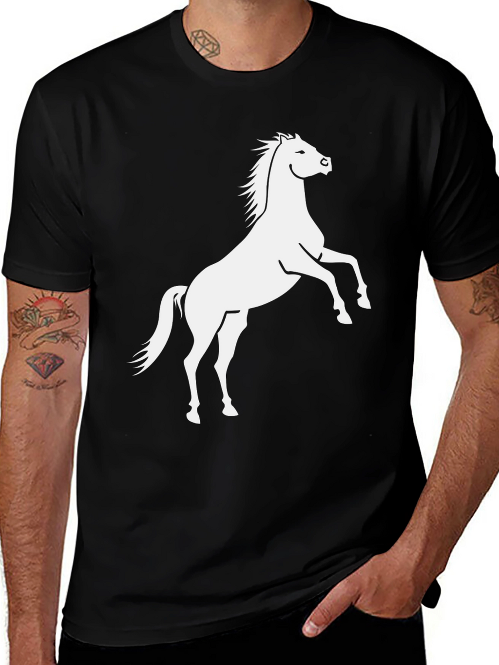 Black T-Shirt with White Horse Graphic