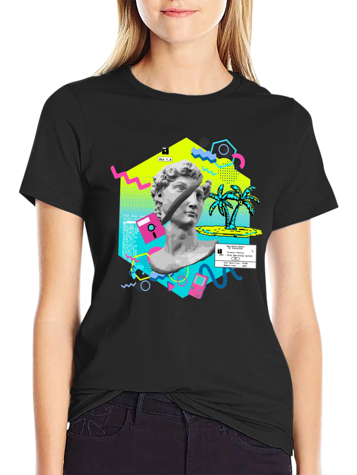 Retro Vaporwave Graphic Tee - Statue & Pixel Art T-Shirt