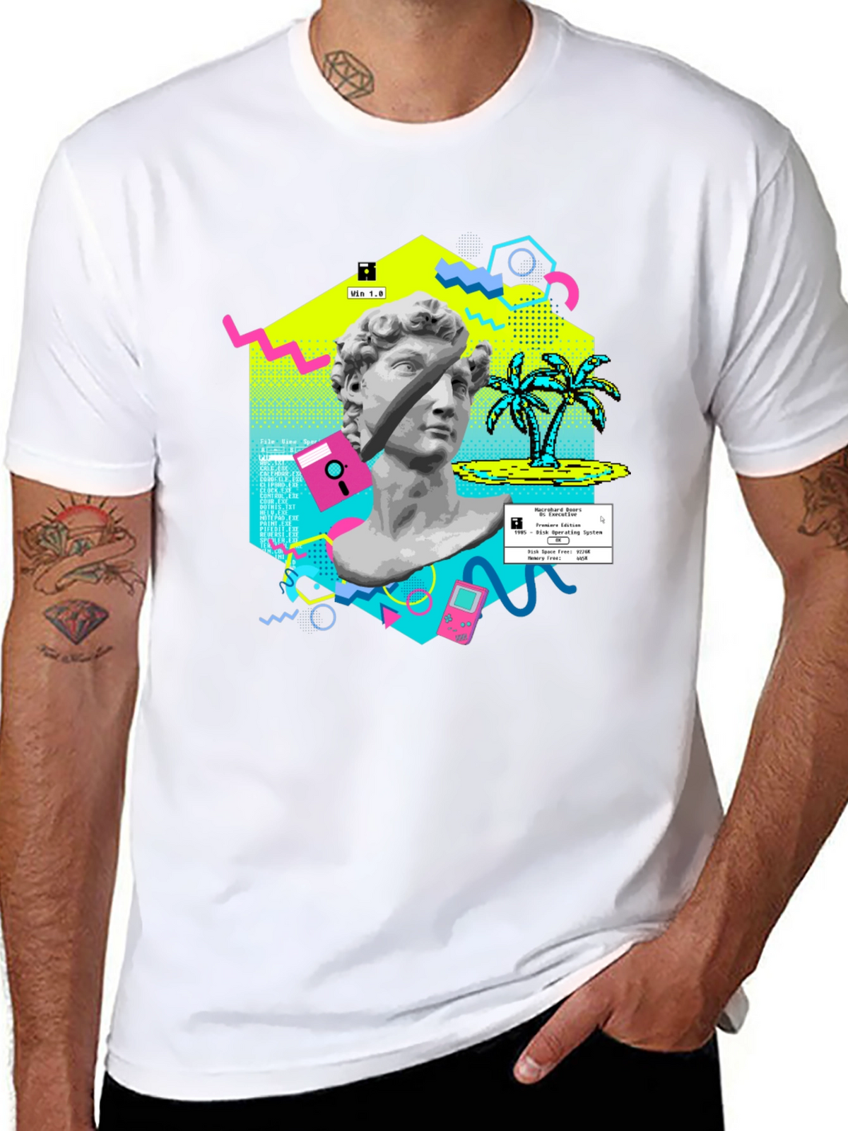 Retro Vaporwave Graphic Tee - Statue & Pixel Art T-Shirt