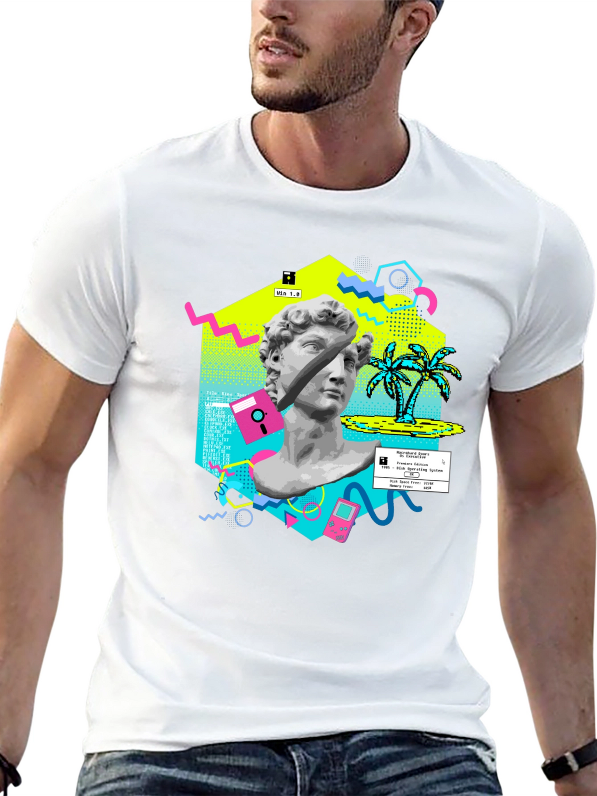 Retro Vaporwave Graphic Tee - Statue & Pixel Art T-Shirt