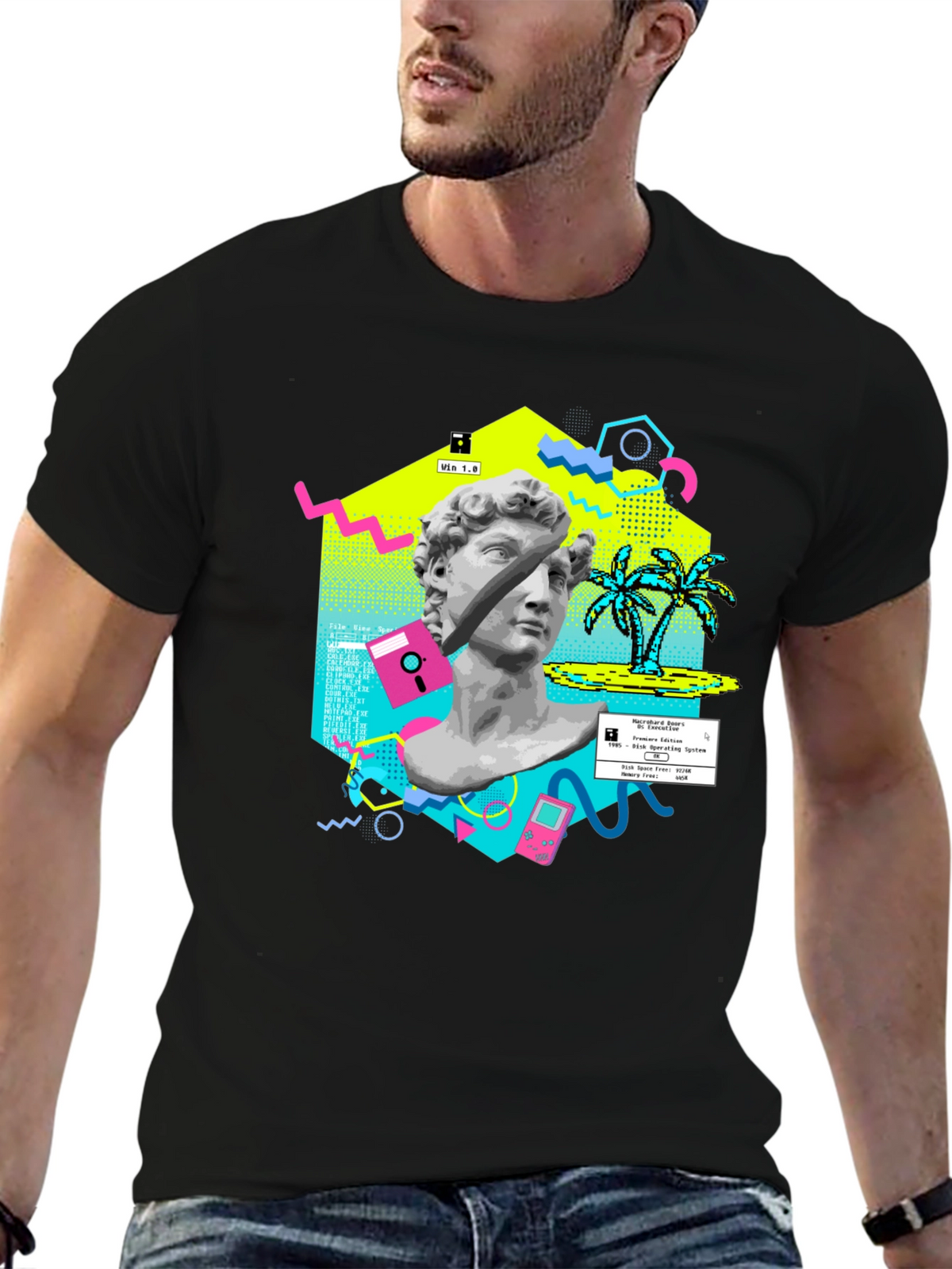 Retro Vaporwave Graphic Tee - Statue & Pixel Art T-Shirt