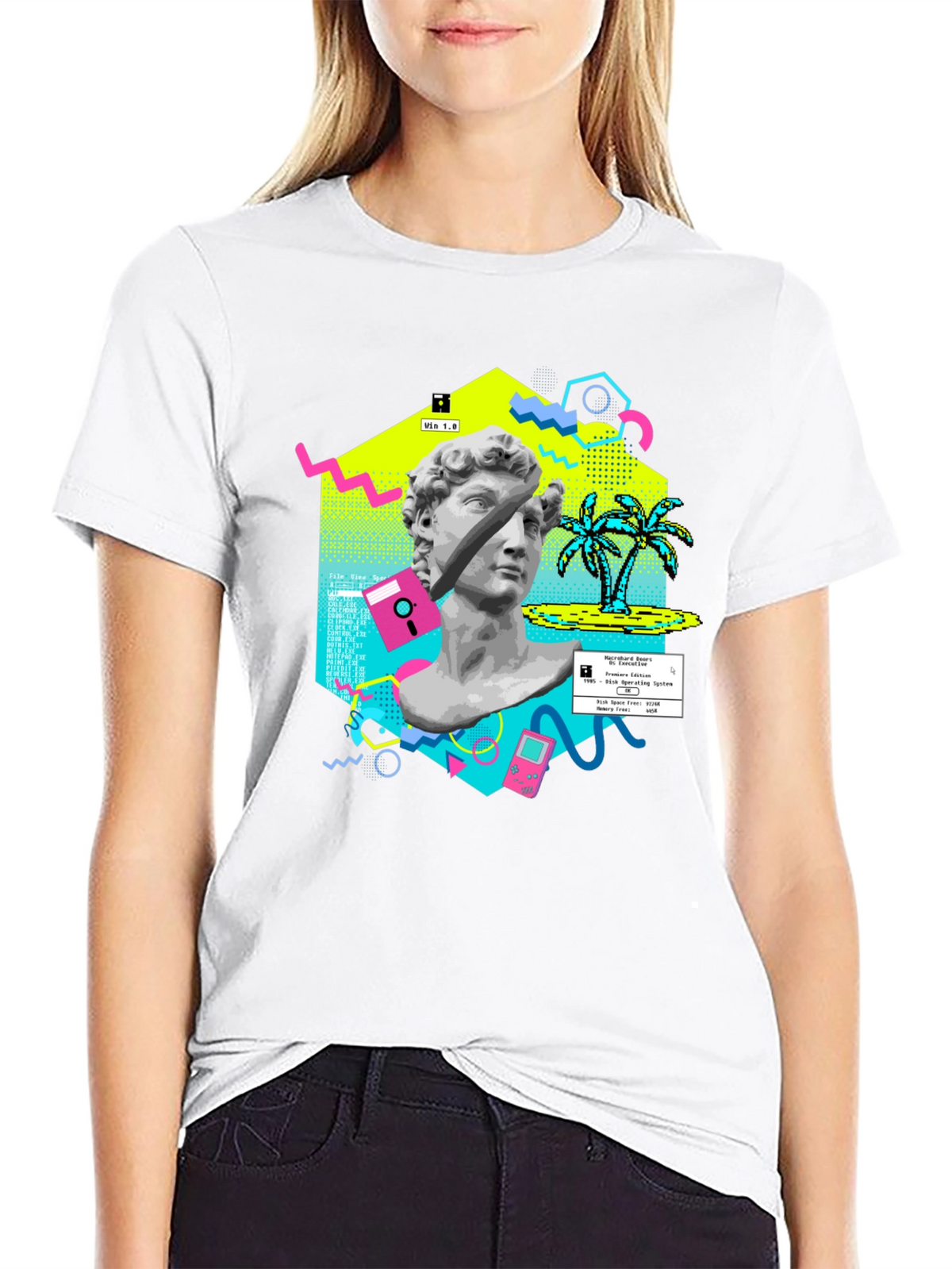 Retro Vaporwave Graphic Tee - Statue & Pixel Art T-Shirt