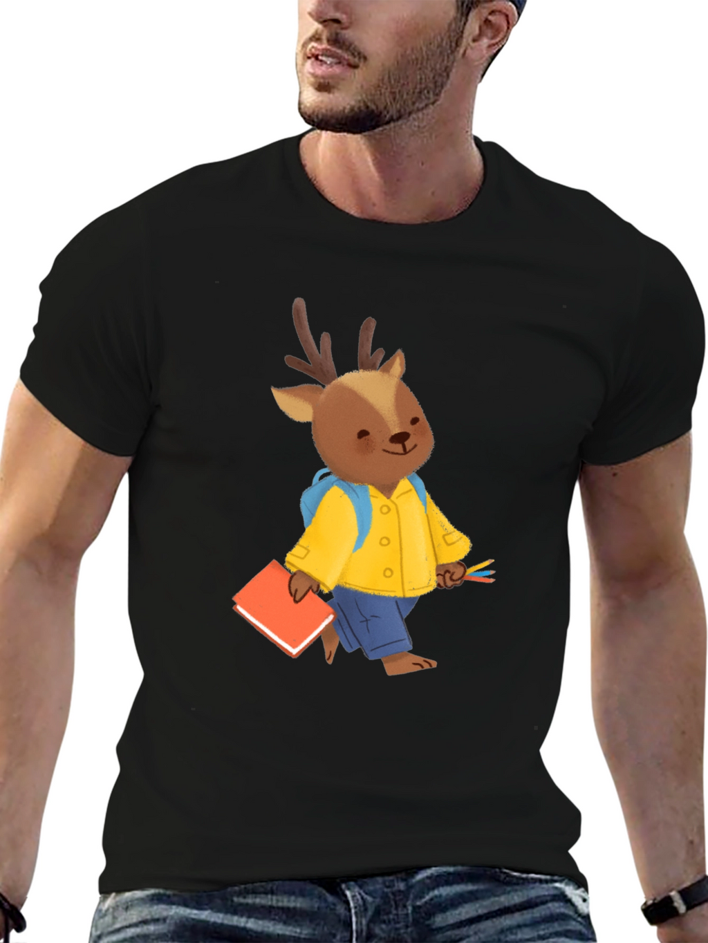 Cute Deer Cartoon Black T-shirt