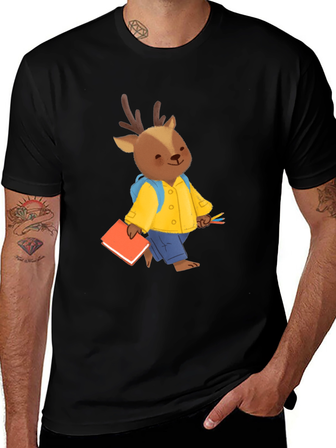 Cute Deer Cartoon Black T-shirt