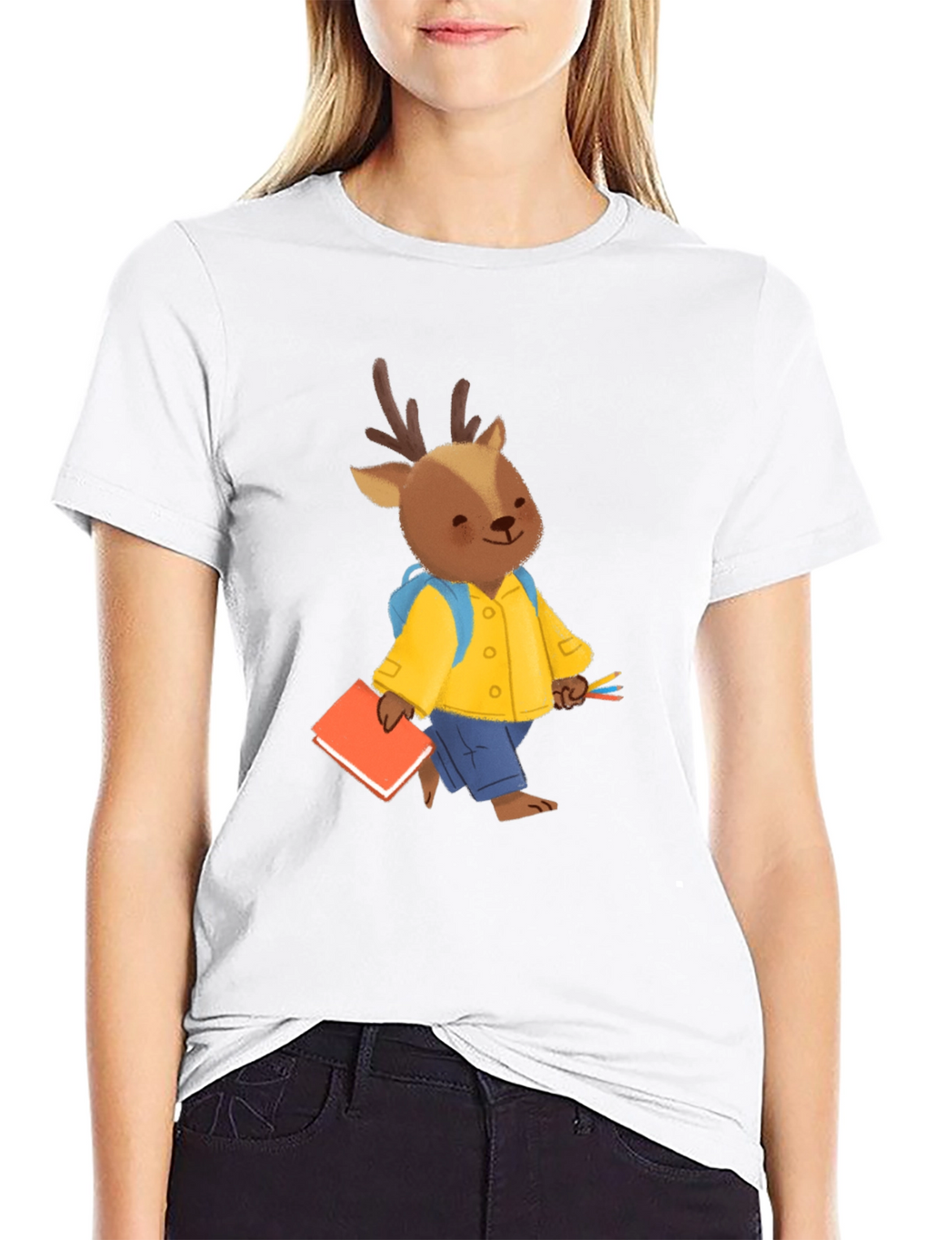 Cute Deer Cartoon Black T-shirt