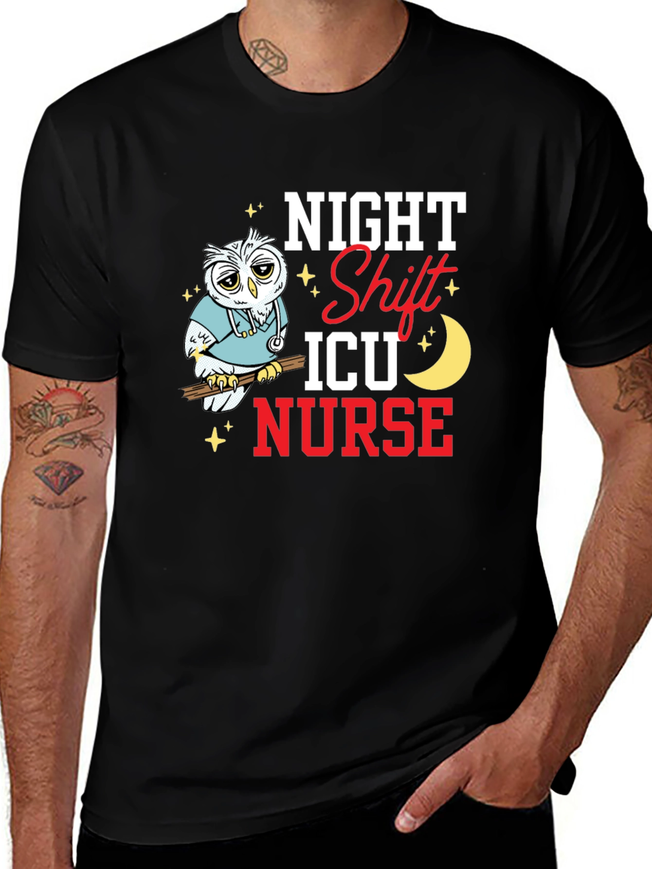 Night Shift ICU Nurse Owl Graphic T-Shirt