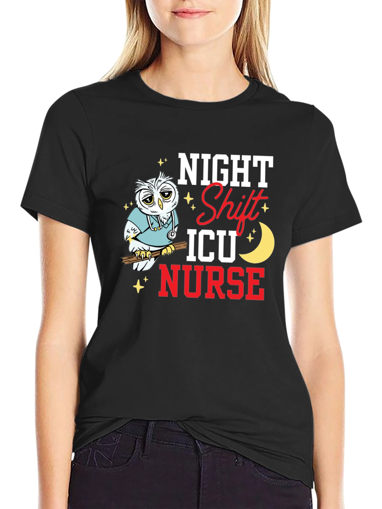 Night Shift ICU Nurse Owl Graphic T-Shirt