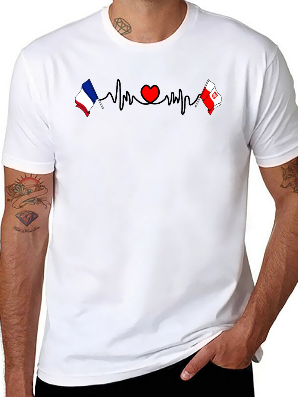 France & Poland Flags Heartbeat Graphic T-Shirt