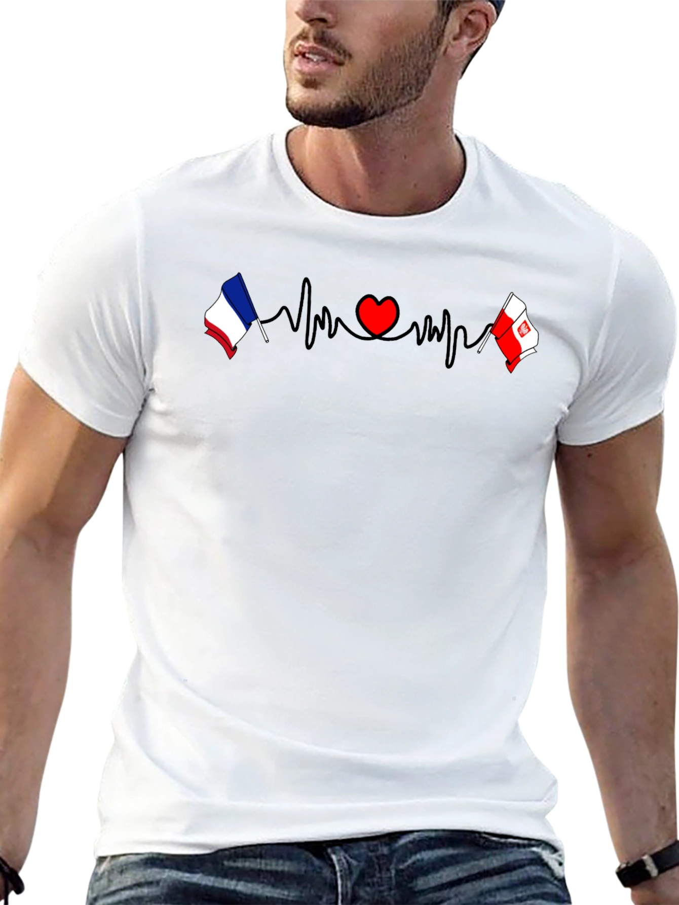 France & Poland Flags Heartbeat Graphic T-Shirt