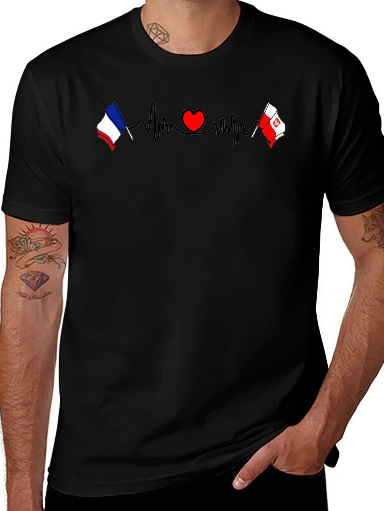 France & Poland Flags Heartbeat Graphic T-Shirt