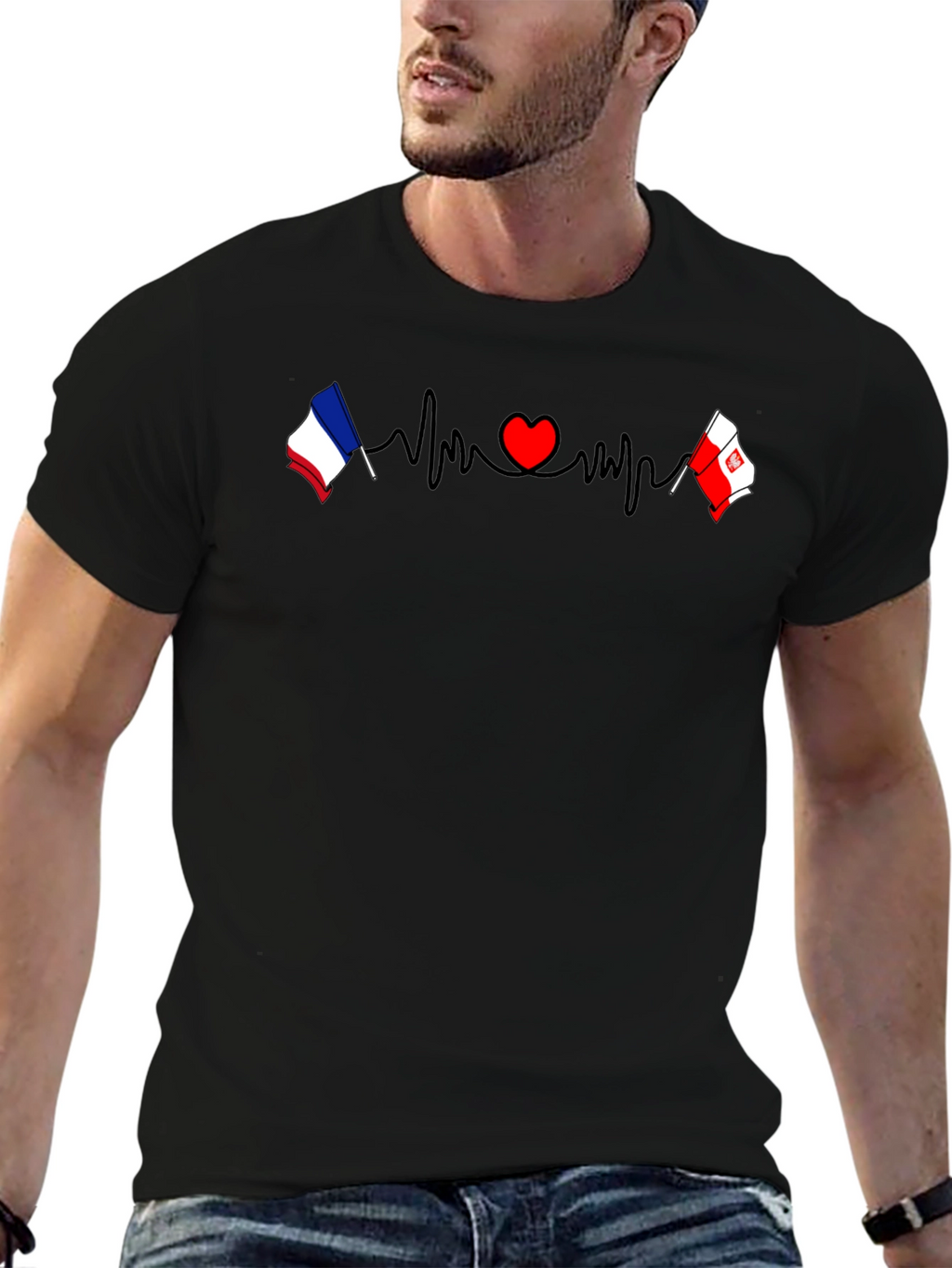 France & Poland Flags Heartbeat Graphic T-Shirt