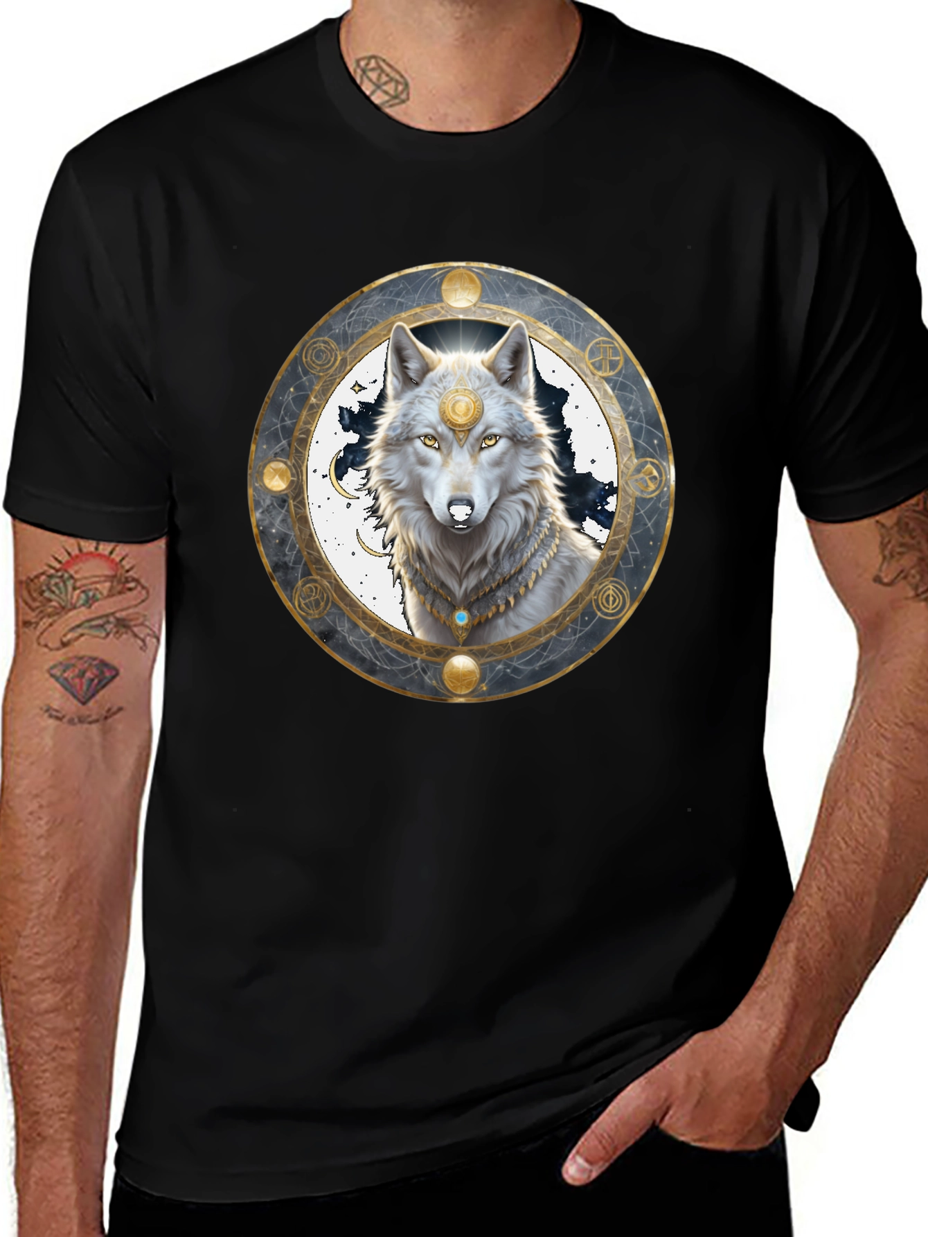 Mystic Wolf Graphic Tee - Black Crew Neck Shirt