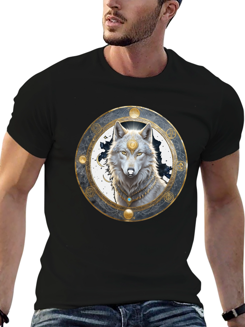 Mystic Wolf Graphic Tee - Black Crew Neck Shirt