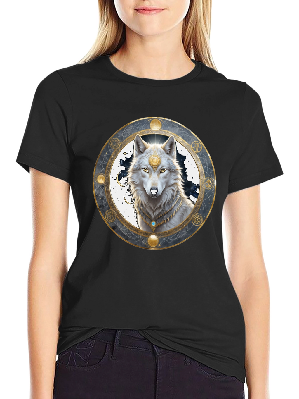 Mystic Wolf Graphic Tee - Black Crew Neck Shirt