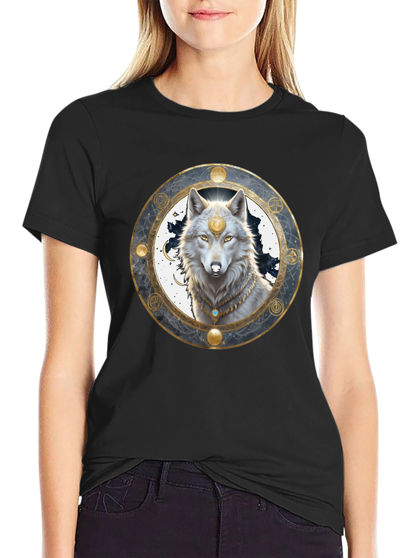 Mystic Wolf Graphic Tee - Black Crew Neck Shirt