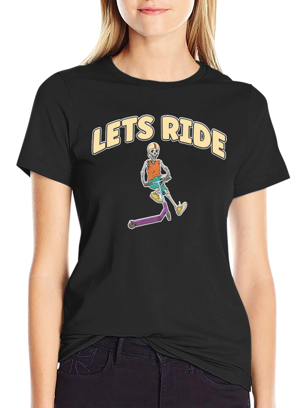 Lets Ride Skeleton Scooter Black T-Shirt