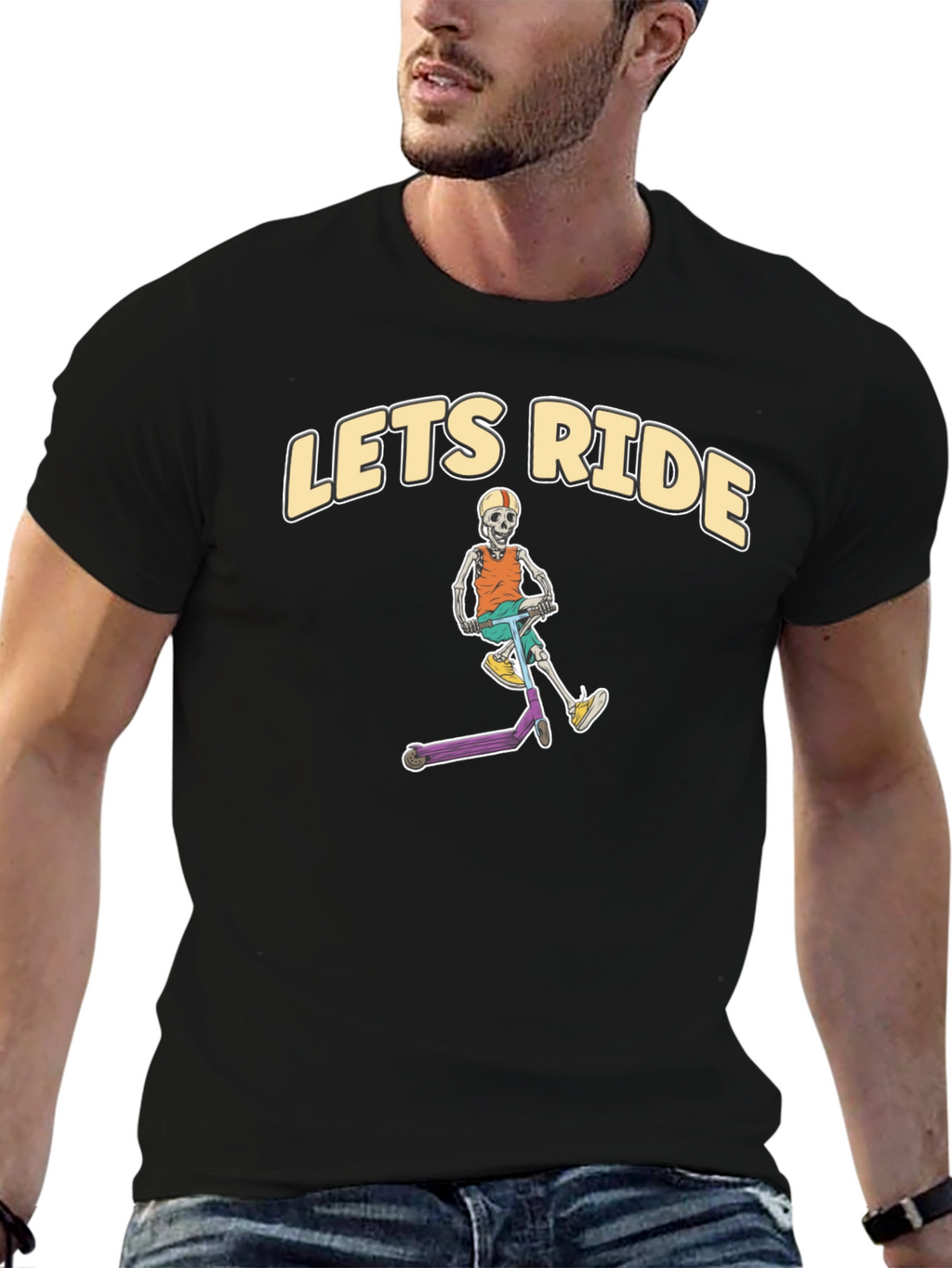 Lets Ride Skeleton Scooter Black T-Shirt