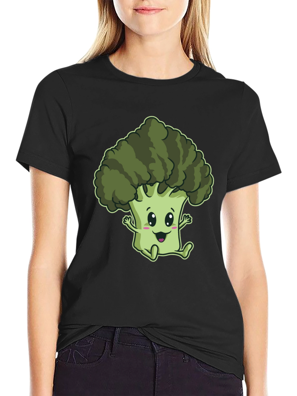 Cute Broccoli Cartoon Graphic Black T-Shirt