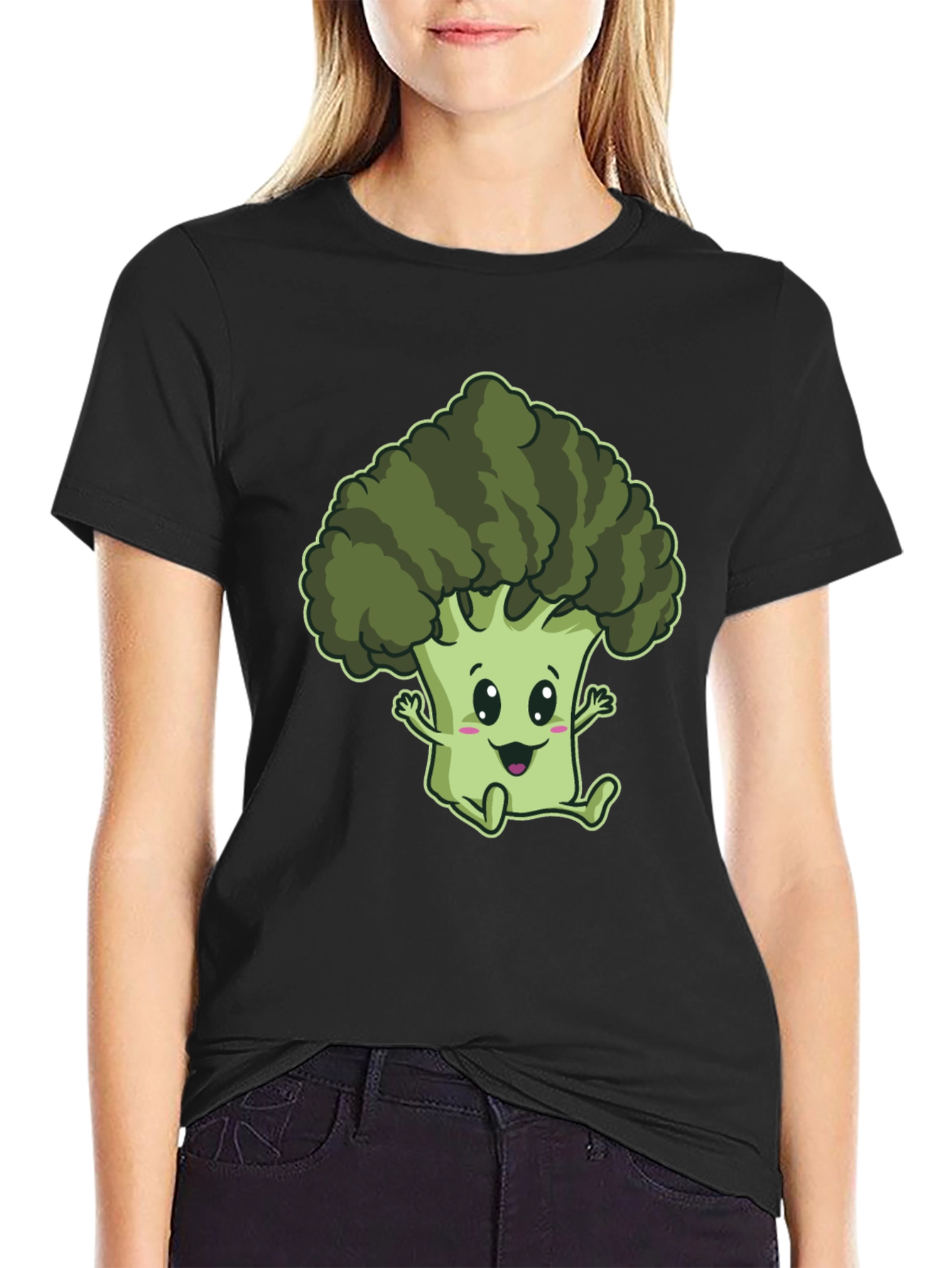 Cute Broccoli Cartoon Graphic Black T-Shirt