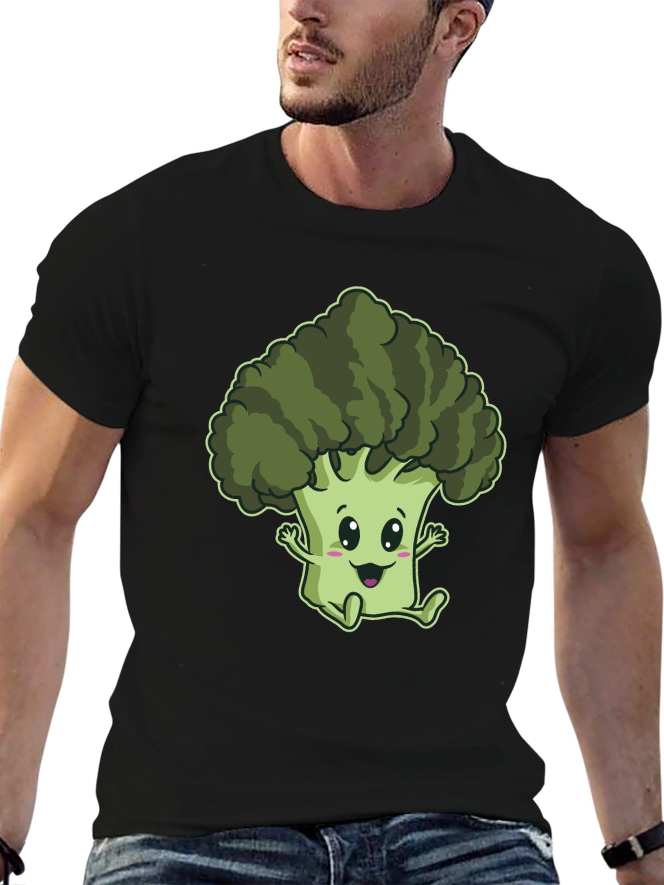 Cute Broccoli Cartoon Graphic Black T-Shirt