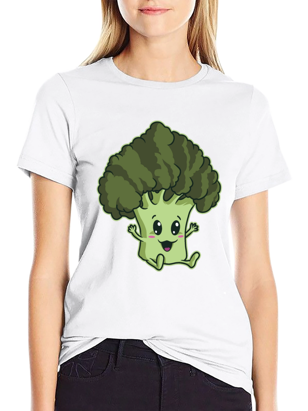 Cute Broccoli Cartoon Graphic Black T-Shirt